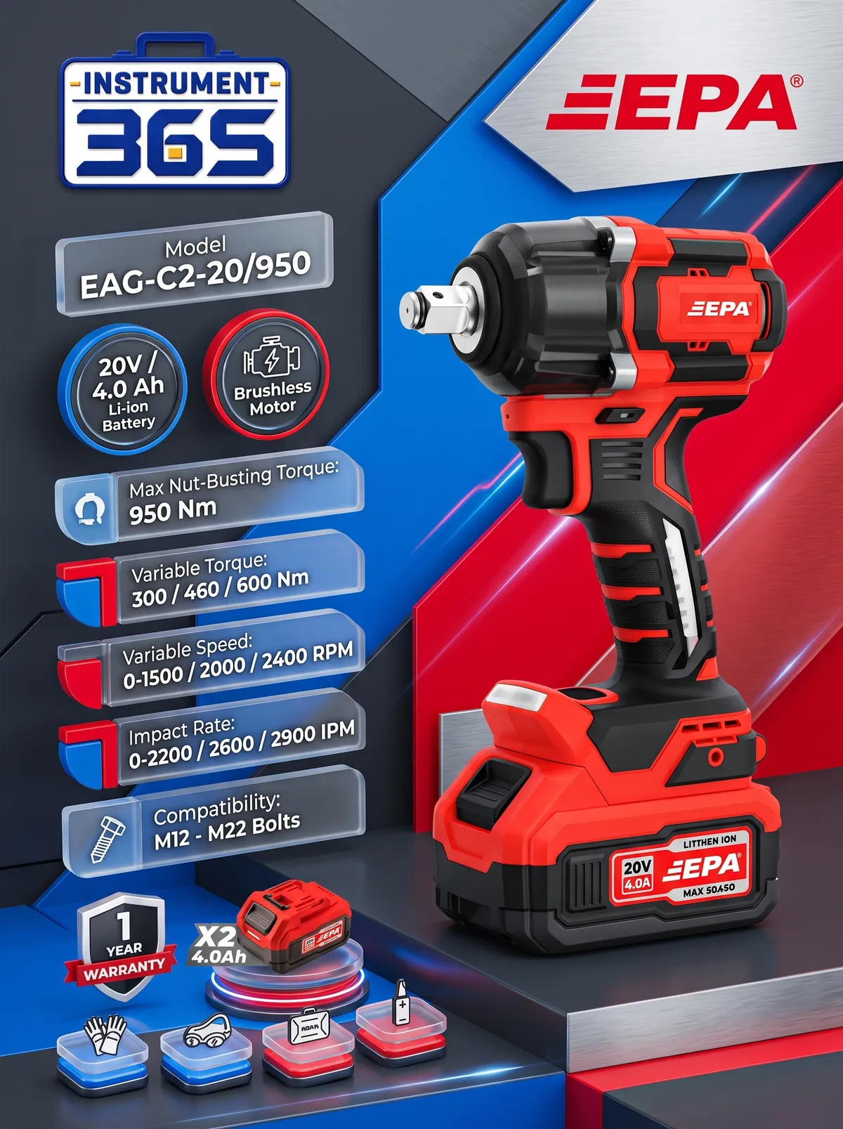 Аккумуляторный бесщеточный гайковерт EPA EIW-20/450-4.0